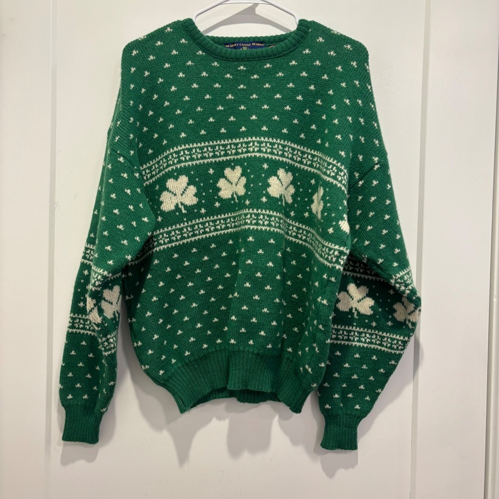 Blarney Castle Designs Green Shamrock Wool Sweater Made in Ireland Mens Large